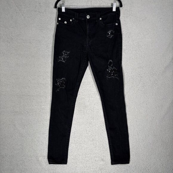 True Religion Jeans Women’s Size 30 Halle Super Skinny Black Sequins Distressed - Picture 1 of 16